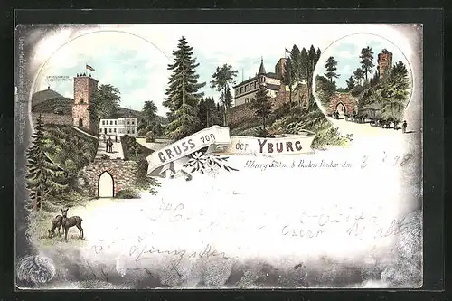 Lithographie Yburg, Grossherzog Friedrichsthurm, Burgruine