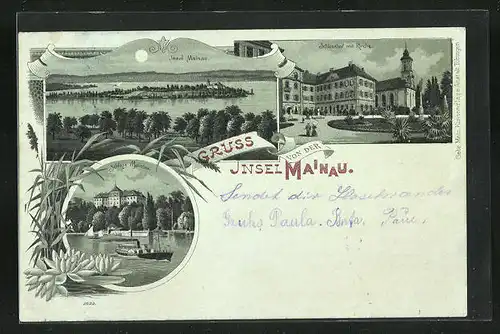 Mondschein-Lithographie Insel Mainau, Schlosshof mit Kirche