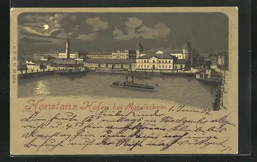 Lithographie Konstanz, Hafen bei Mondschein