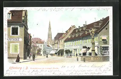 AK Offenburg, Hauptstrasse m. evangl. Kirche