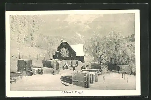 AK Holzhau i. Erzgeb., Ortspartie mit Brettern im Schnee