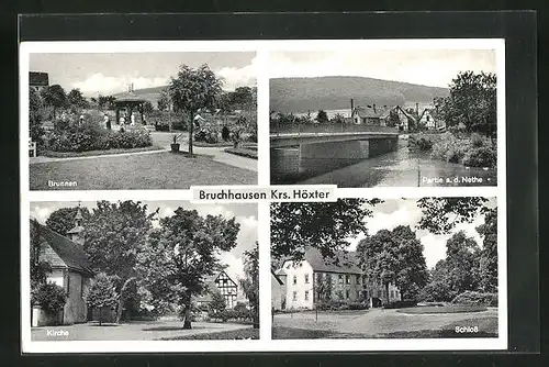 AK Bruchhausen /Krs. Höxter, Brunnen, Kirche, Schloss