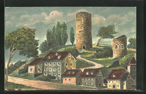 Künstler-AK Bad Lobenstein, Burgruine nach einem alten Gemälde