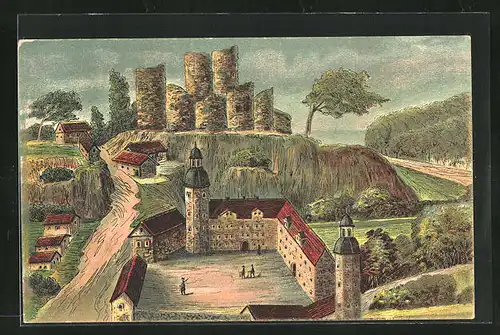 Künstler-AK Bad Lobenstein, Burgruine mit dem 1601 erbauten und 1714 abgebrannten neuen Schloss