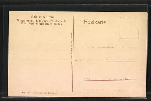 Künstler-AK Bad Lobenstein, Burgruine mit dem 1601 erbauten und 1714 abgebrannten neuen Schloss