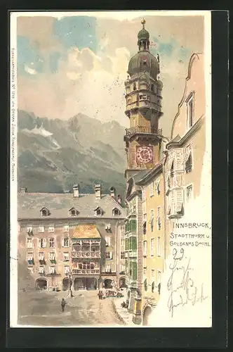 Lithographie Innsbruck, Stadtturm und Goldenes Dachl