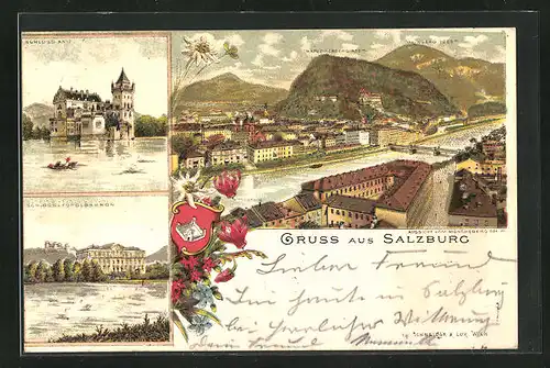 Lithographie Salzburg, Schloss Leopoldskron, Schloss Anif, Ortsansicht mit Kapuzinerberg