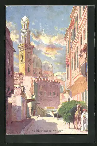 Künstler-AK Cairo, Moschee Keit-Bey und Araber mit Kamel