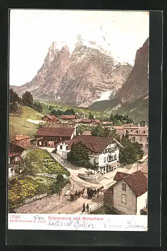 AK Grindelwald, Strassenpartie mit Friseur und Wetterhorn