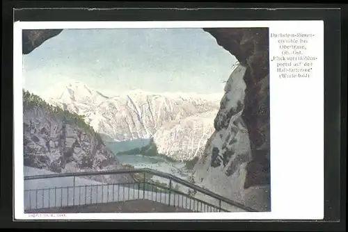 AK Dachstein-Rieseneishöhle bei Obertraun, Blick vom Höhlenportal auf den Hallstättersee