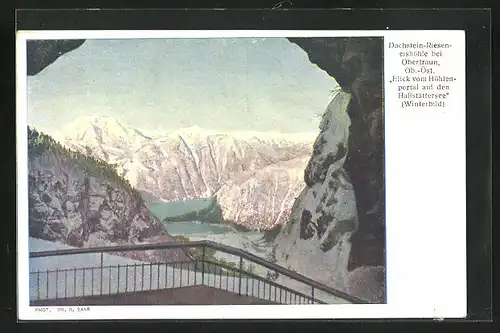 AK Obertraun, Dachstein-Rieseneishöhle, Blick vom Höhlenportal auf den Hallstättersee