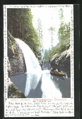 AK Edmundsklamm, Wasserfall in der Böhm. Schweiz & Boot