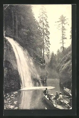 AK Edmundsklamm, Wasserfall in der Böhm. Schweiz mit Boot