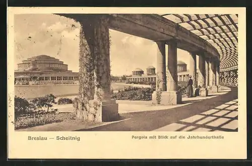 AK Breslau, Scheitnig-Park, Pergola mit Blick auf Jahrhunderthalle