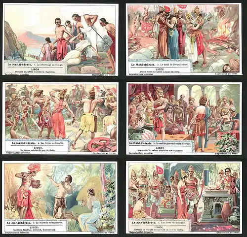 6 Sammelbilder Liebig, Serie Nr. 1247: Le Mahâbhârata, Les noces de Draupadi, La marmite miraculeuse