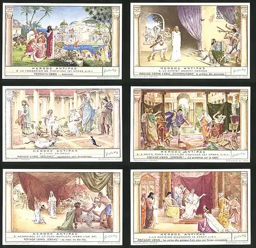 6 Sammelbilder Liebig, Serie Nr. 1516: Herode Antipas, St-Jean-Baptiste, König, Schloss, Wachen, Untertanen