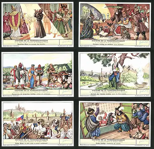 6 Sammelbilder Liebig, Serie Nr. 1768: Histoir de la Tchecoslovaquie, Prague, Revolution, Président, Charles IV