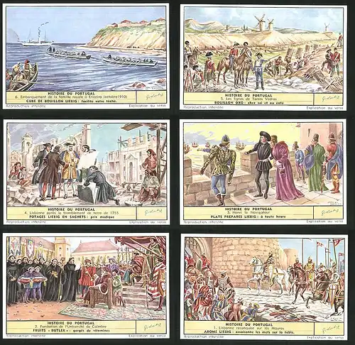 6 Sammelbilder Liebig, Serie Nr. 1680: Histoire du Portugal, Lisbonne, Universität, Henri le Navigateur, Ericeira