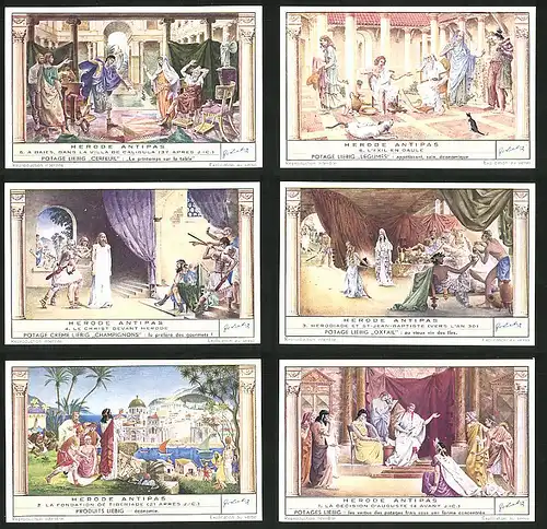 6 Sammelbilder Liebig, Serie Nr. 1516: Herode Antipas, St-Jean-Baptiste, König, Schloss, Wachen, Untertanen