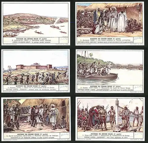 6 Sammelbilder Liebig, Serie Nr. 1545: Histoire du Congo Belge, Diego Câo, Stanley, Karema, Leopoldville, Mulweva