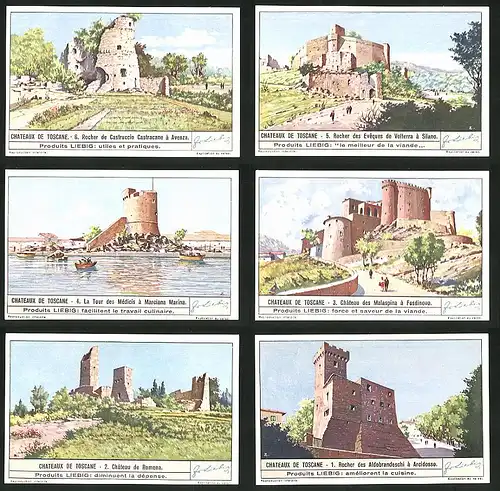 6 Sammelbilder Liebig, Serie Nr. 1413: Chateaux de Toscane, Arcidosso, Romena, Fosdinovo, Marciana Marina