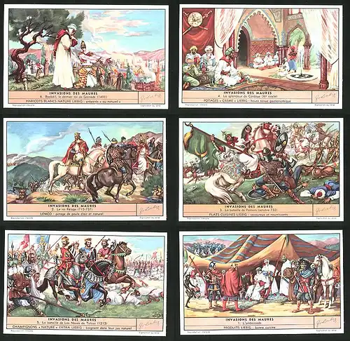 6 Sammelbilder Liebig, Serie Nr. 1593: Invasions des Maures, L`ambassade, La bataille de Poitiers, Le roi Pélage