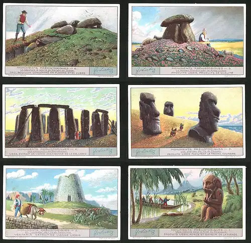 6 Sammelbilder Liebig, Serie Nr. 1249: Monuments Péhistoriques, Nicaragua, Saradaigne, Pâques, Stonehenge, Haga