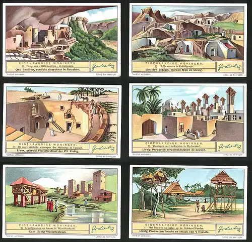 6 Sammelbilder Liebig, Serie Nr. 1348: Eigenaardige Woningen, West.Kaukasie, Celebes-Eilanden, Hyderabad, Tunesie