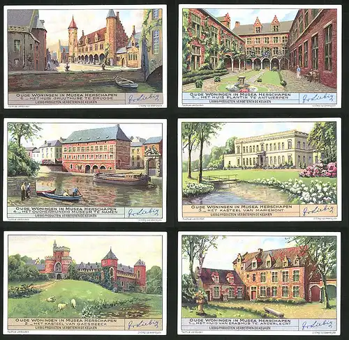 6 Sammelbilder Liebig, Serie Nr. 1409: Oude Woningen in Musea Herschapen, Anderlecht, Gaesbeeck, Antwerpen