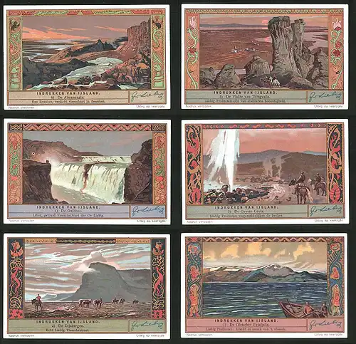 6 Sammelbilder Liebig, Serie Nr. 1295: Indrukken van Ijsland, De Gletscher Eyjafjalla, De Esjabergen, De Geyser Grvta