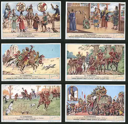 6 Sammelbilder Liebig, Serie Nr. 1585: La Fauconnerie, Koubilai-Khan, Boitsfort, Japon, types de fauconniers au XIXes