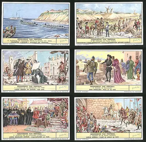 6 Sammelbilder Liebig, Serie Nr. 1680: Geschiedenis van Portugal, Lissabon, Hendrik de Zeevaarder, Universität