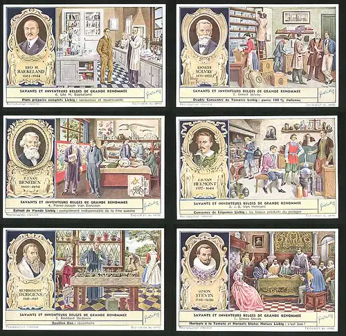6 Sammelbilder Liebig, Serie Nr. 1602: Savants et Inventeurs Belges de Grande Renommee, Simon Stevin, Rembert Dodonée