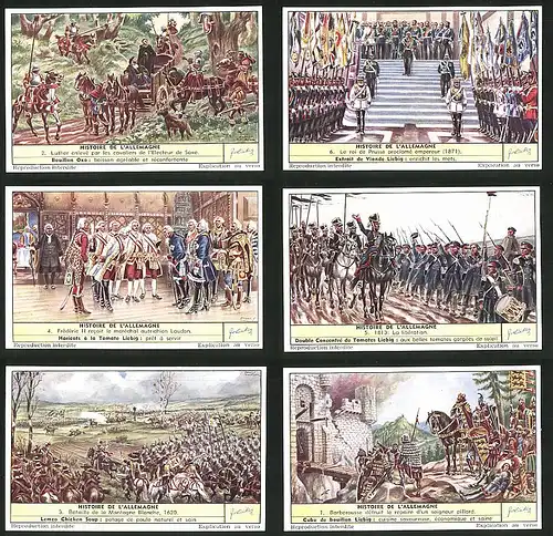 6 Sammelbilder Liebig, Serie Nr. 1630: Histoire de l`Allemagne, Bataille de la Montagne Blanche, Libération, Saxe