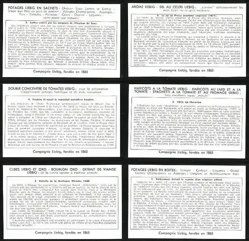 6 Sammelbilder Liebig, Serie Nr. 1630: Histoire de l`Allemagne, Bataille de la Montagne Blanche, Libération, Saxe