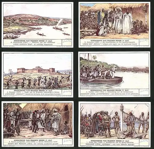 6 Sammelbilder Liebig, Serie Nr. 1545: Geschiedenis van Belgisch Kongo, Diego Câo, David Livingstone, Stanley