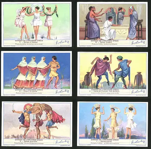 6 Sammelbilder Liebig, Serie Nr. 1439: Danses de l`Ancienne Gréce, Danse Sacrée, Danse Guerriére, Choeur de Danse