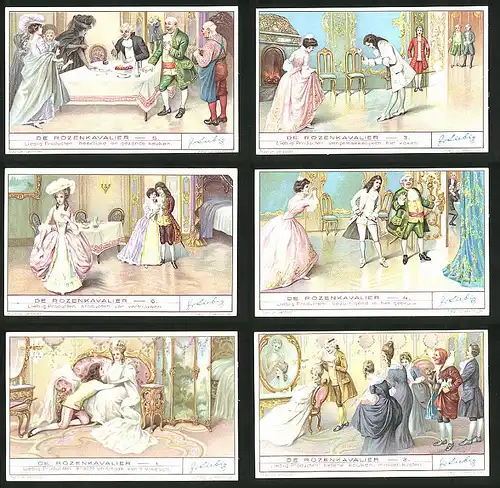 6 Sammelbilder Liebig, Serie Nr. 1323: De Rozenkavalier, Königin mit Geliebten, Schloss, Schminken