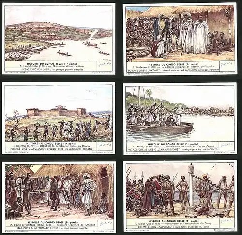 6 Sammelbilder Liebig, Serie Nr. 1545: Histoire du Congo Belge, Diego Câo, David Livingstone, Karema, Mulweva