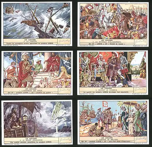 6 Sammelbilder Liebig, Serie Nr. 1498: Les Lusiades, L`Escale de Melinde, Le geant Adamastor, Devant le Samorim