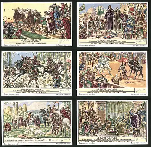 6 Sammelbilder Liebig, Serie Nr. 1452: Les Quatre fils Aymon, König, Ritter, Pferd, Langwaffe, Turnier