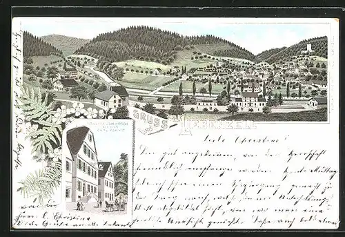 Lithographie Liebenzell, Panorama mit Gasthaus zum Hirsch