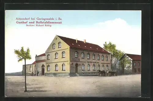 AK Aitzendorf / Sachsen, Gasthaus mit Pferdekutsche auf dem Vorplatz