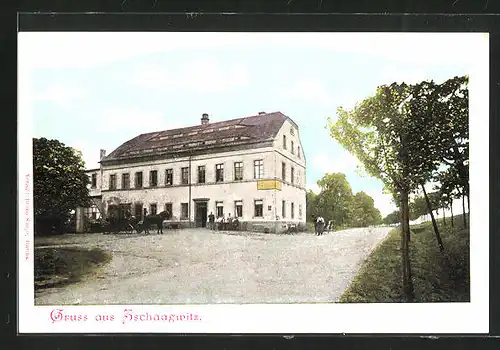 AK Zschaagwitz, Gasthaus mit Pferdekutsche auf dem Vorplatz