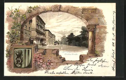 Passepartout-Lithographie Leipzig, Goethestrasse mit Strassenbahn, Wappen