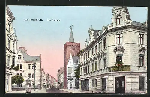 AK Aschersleben, Breitestrasse mit August-Apotheke und Litfasssäule