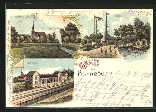 Lithographie Horneburg, Bahnhof mit Passagieren, Hafen mit Schiffe, Kirche / Schulhaus
