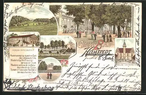 Lithographie Helmstedt, Restaurant mit Terrasse, Theater, Brunnenthal