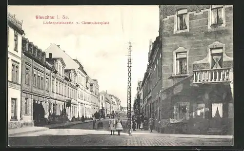AK Glauchau / Sachsen, Gebäudezeile in der Lichtensteinerstr. v. Chemnitzerplatz