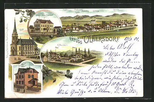 Lithographie Olbersdorf, Kaftenstein, Schule in Nieder-Olbersdorf, Kaiserliches Postamt